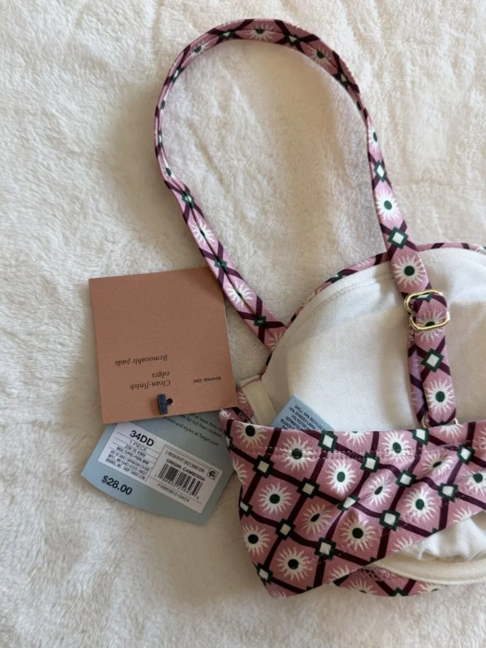 NWT Shade & Shore Pink and Black Geometric Patterned Underwire Bikini Top - 34DD
